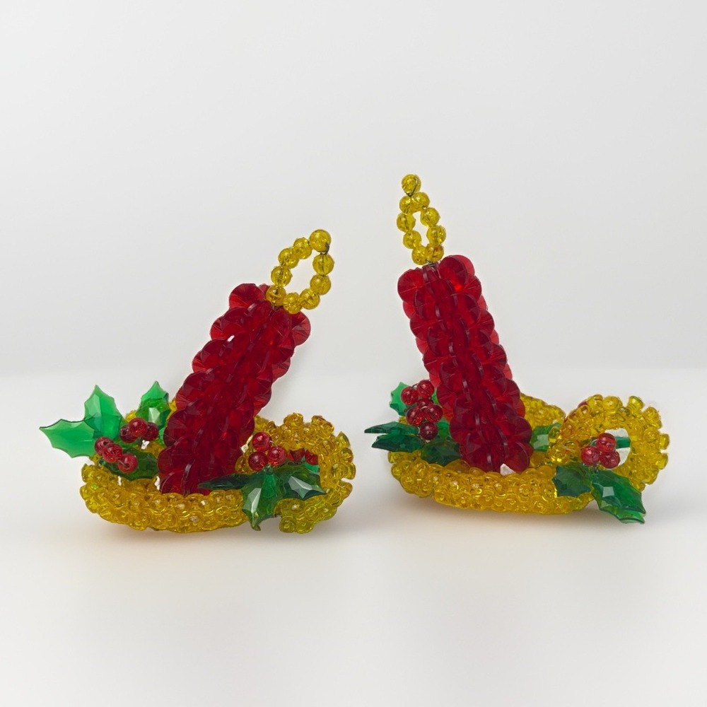 2 Vintage Homemade 4" Plastic Bead Christmas Candle Tree Ornaments w Holly